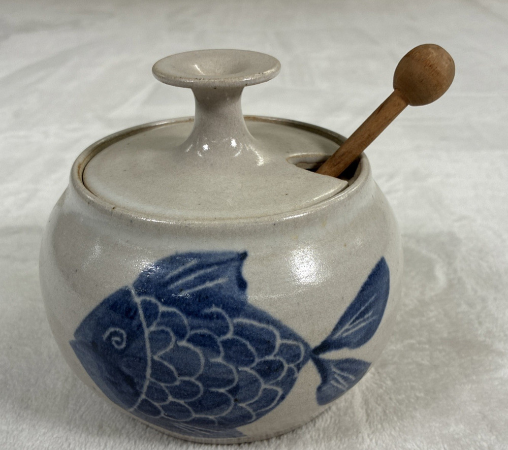 Handmade Studio Art Pottery Honey Jar Blue & White Fish Glaze with Lid & Dipper